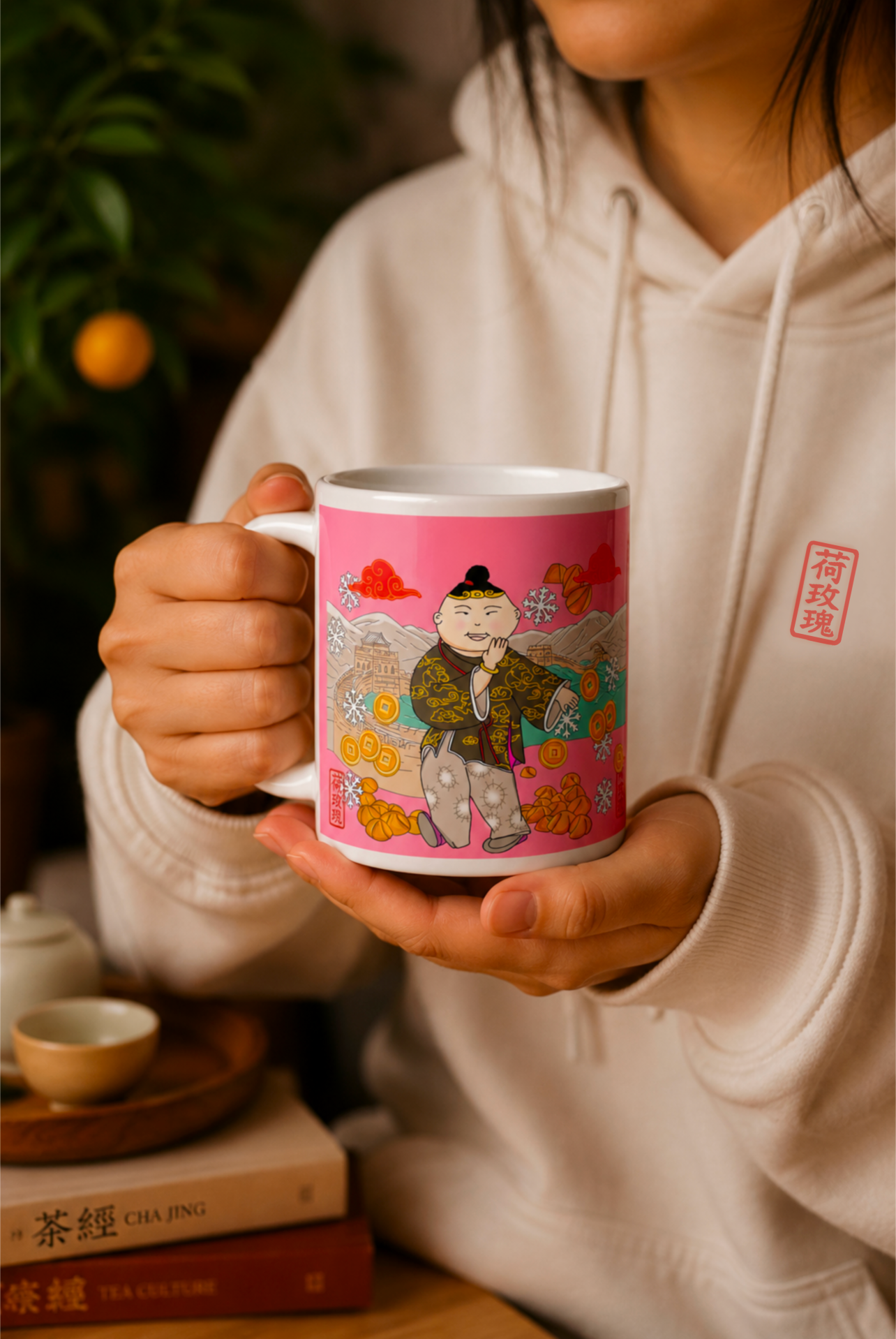 White glossy mug 福到茶來 Luck arrives as you drink Tea 11 0z Mug