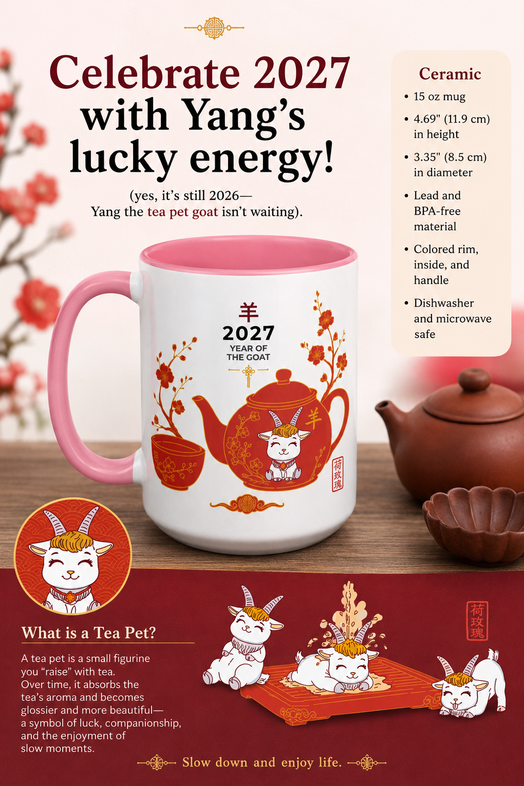 Keramische theemok Chinees Nieuwjaar 2027 – 11 oz roze