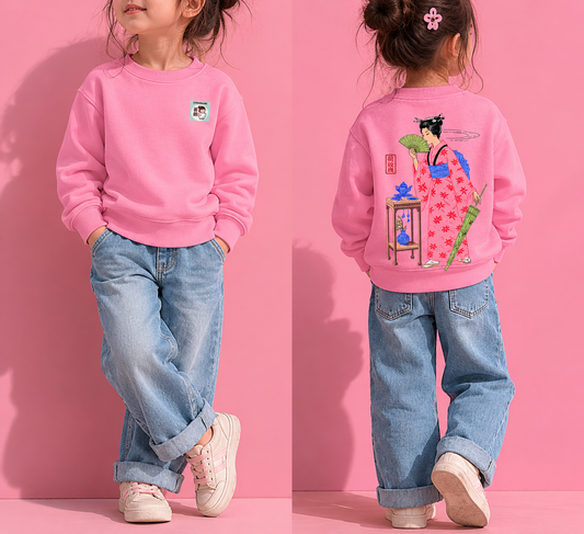 Kids Pink crew neck sweatshirt Inspired by Japanese kimono art.