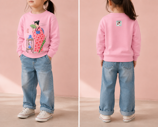 Kids Pink crew neck sweatshirt Inspired by Japanese kimono art.