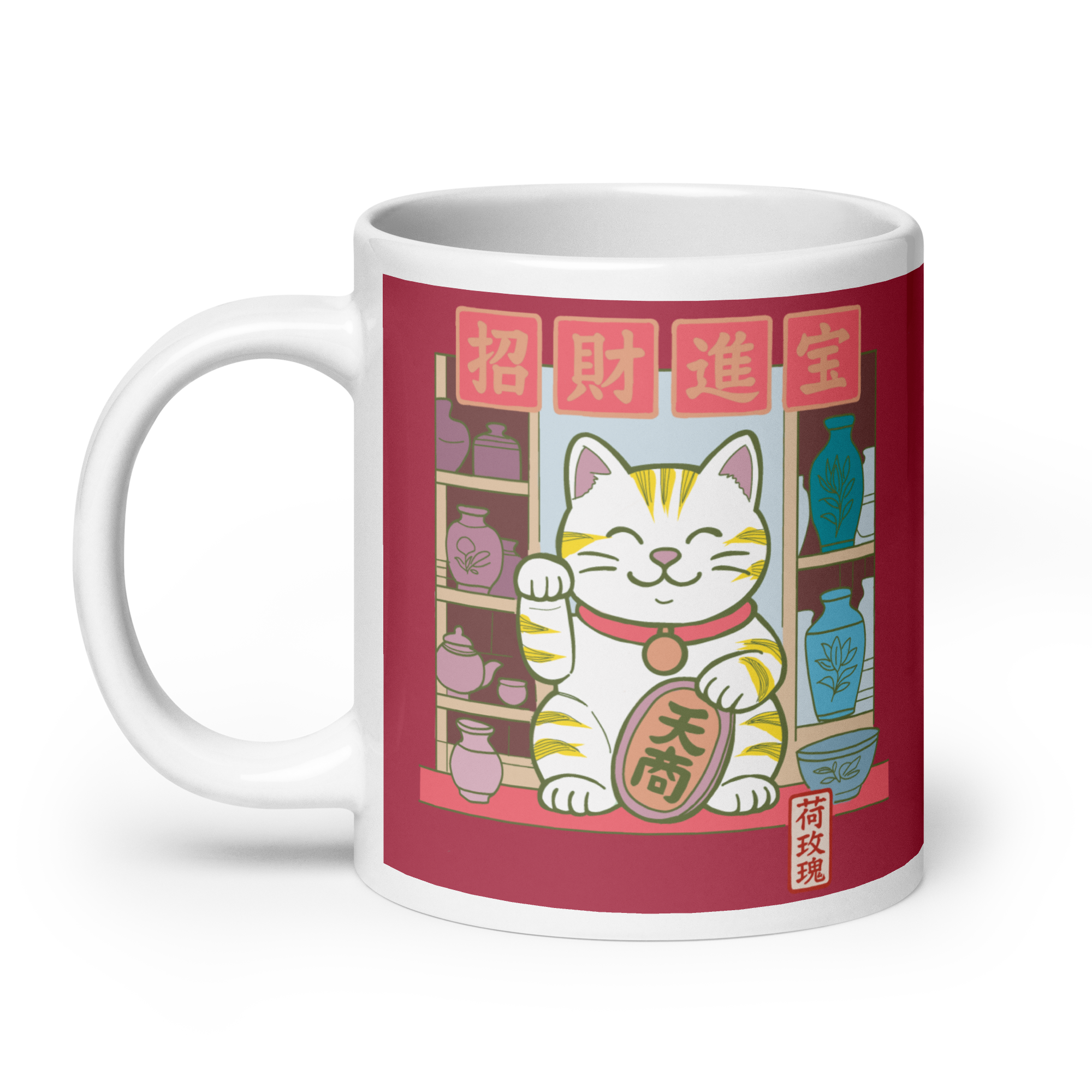 White glossy mug- Lucky Cat