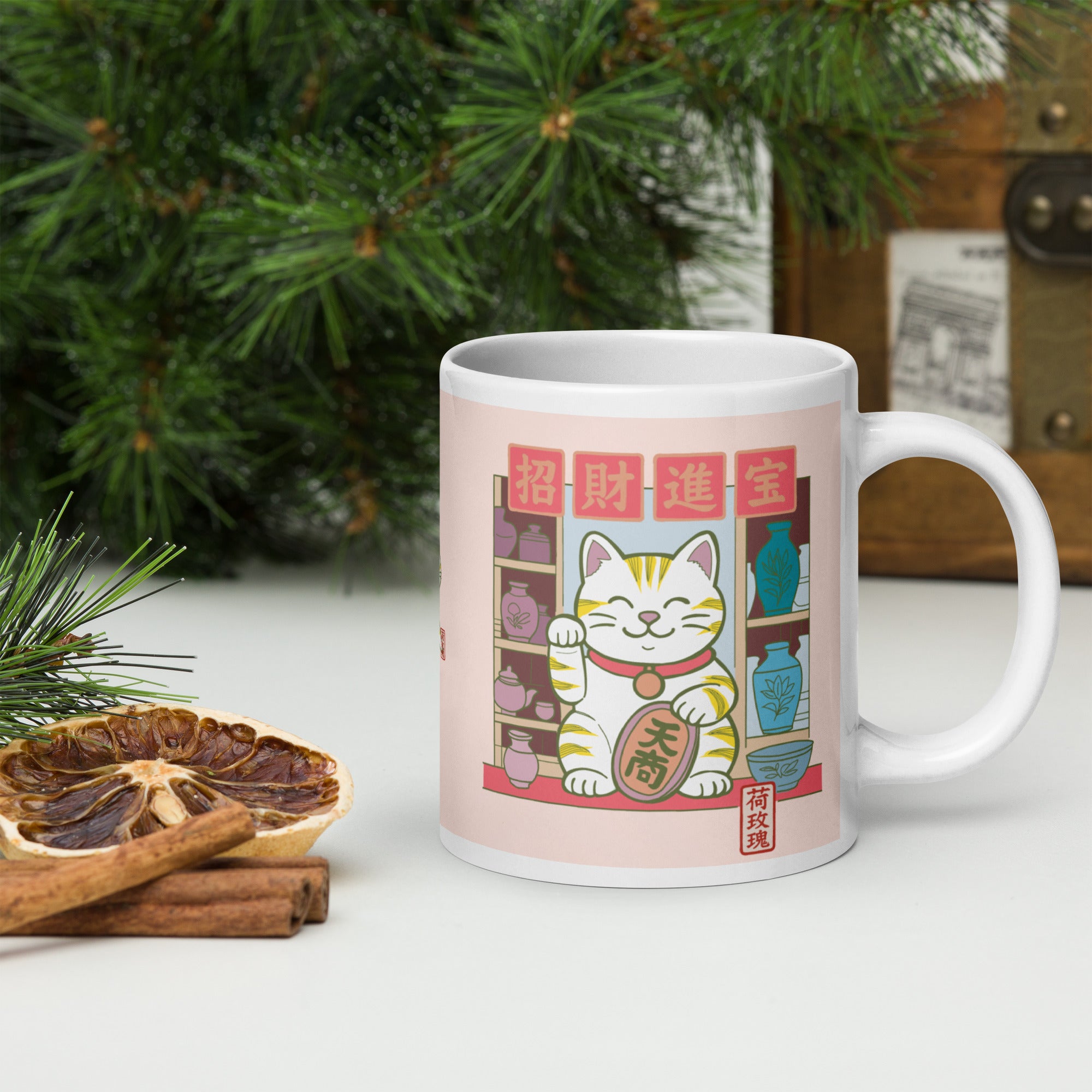 White glossy mug - Lucky Cat